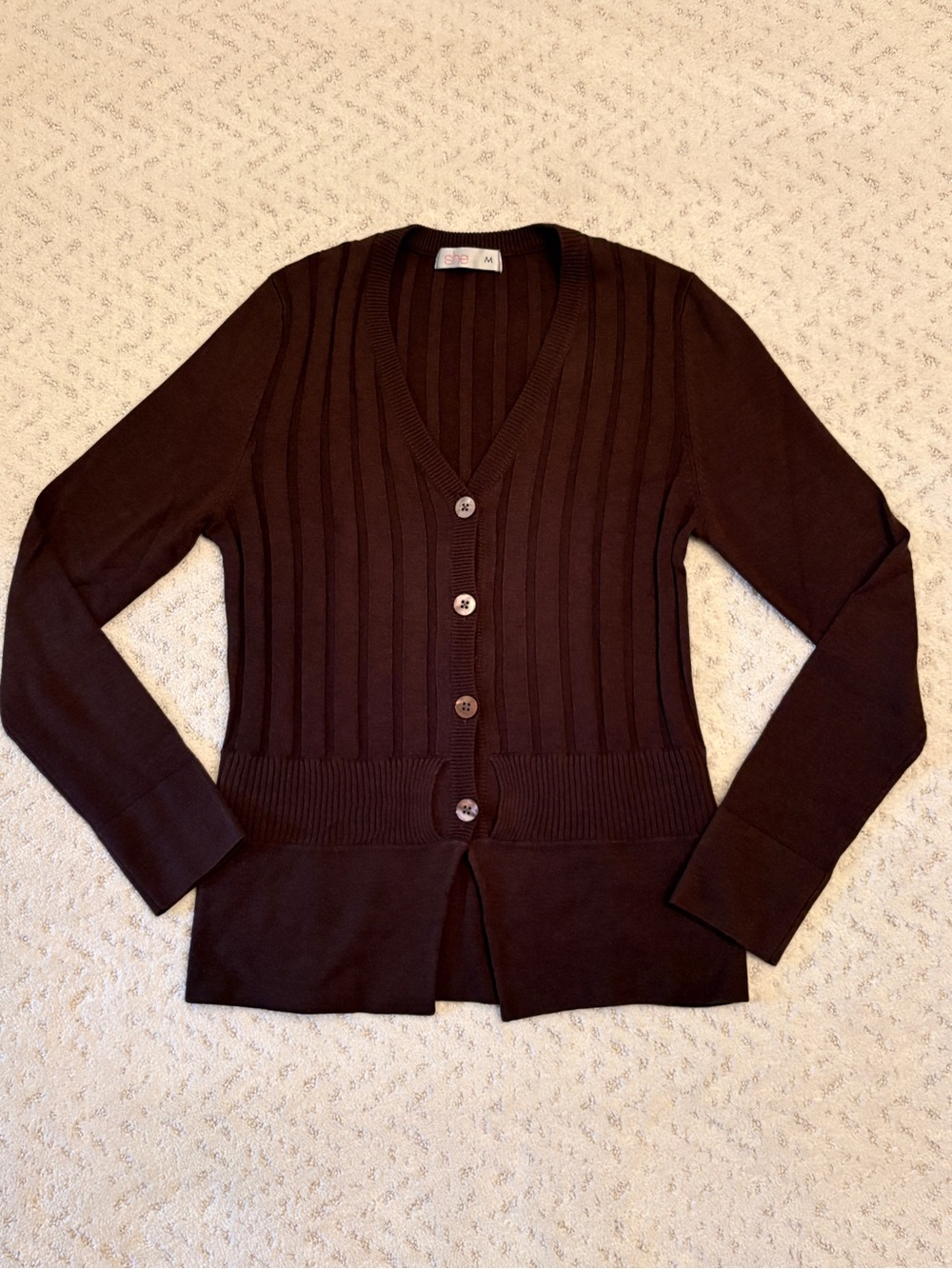 She Classic Brown Ribbed V Neck Cardigan Sweater Size M Silk Cashmere Academia